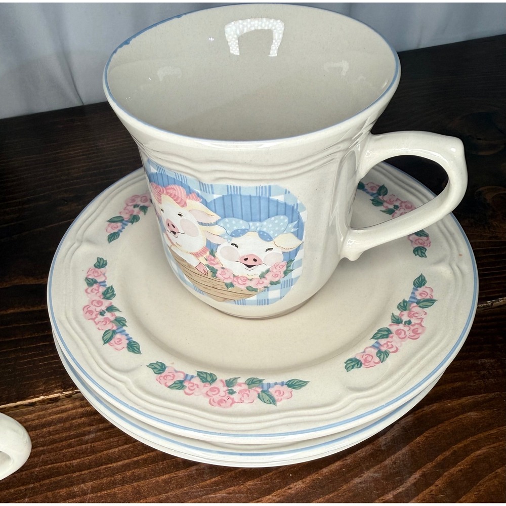 VTG Tienshan Stoneware Pig Pal Tea Set 4 Mugs 4 Saucers Country Farmhouse - Picture 2 of 14